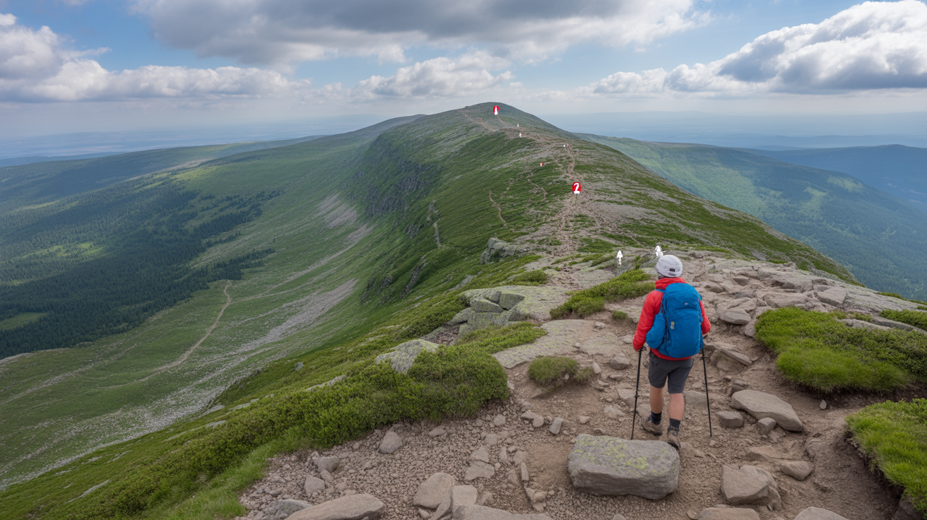 Mountain trail with elevation markers showing non-linear but successful progress toward summit representing realistic business growth expectations