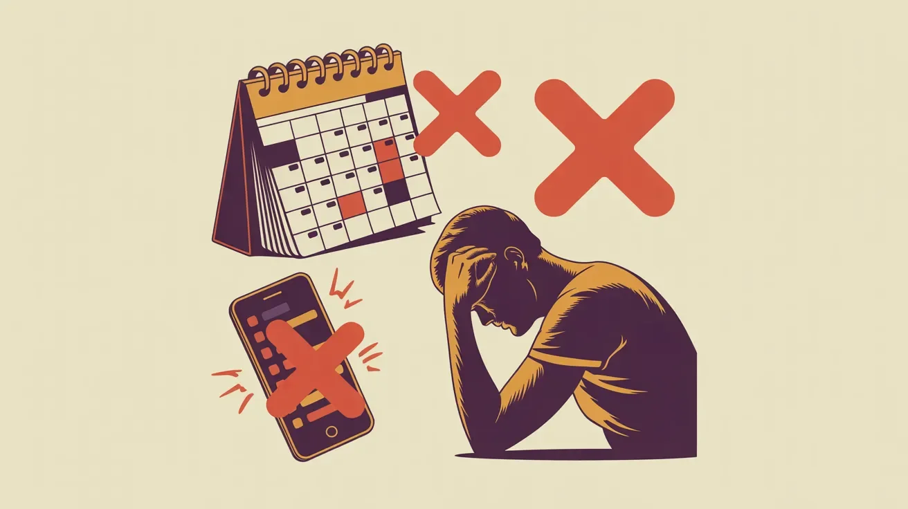 Retro illustration of wellness retreat mistakes to avoid including overscheduling, phone distractions, and exhaustion