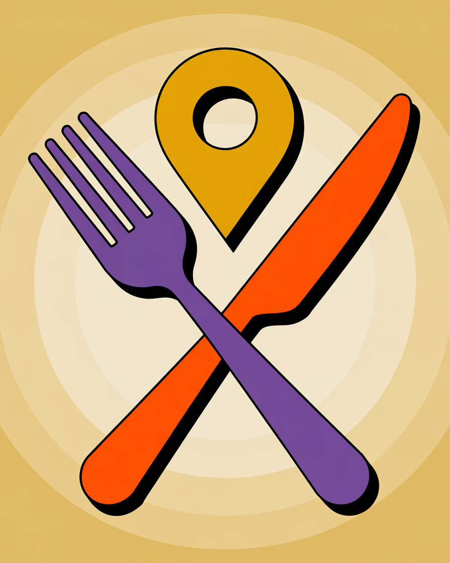 Retro fork and knife with location pin illustration representing restaurant seo agency services