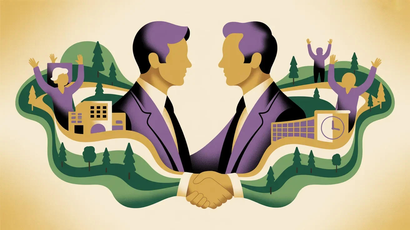 Retro illustration of professional partnership handshake with organized retreat elements