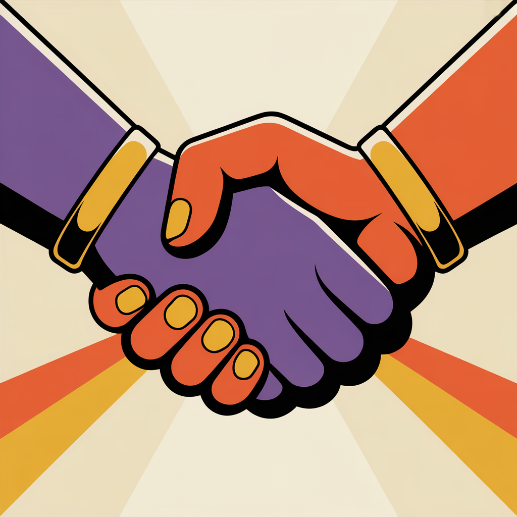 Retro handshake illustration representing partnership between Purple Wave Creative and small business clients