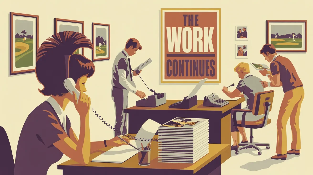 Retro illustration of post-tournament follow-up with thank yous, sponsor reports, and donor cultivation