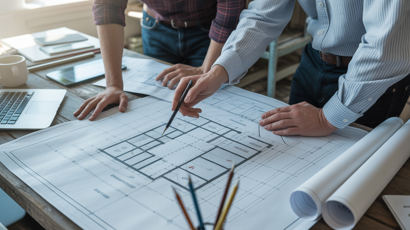 Website designer and contractor planning SEO-optimized site architecture showing strategic approach to construction company website development