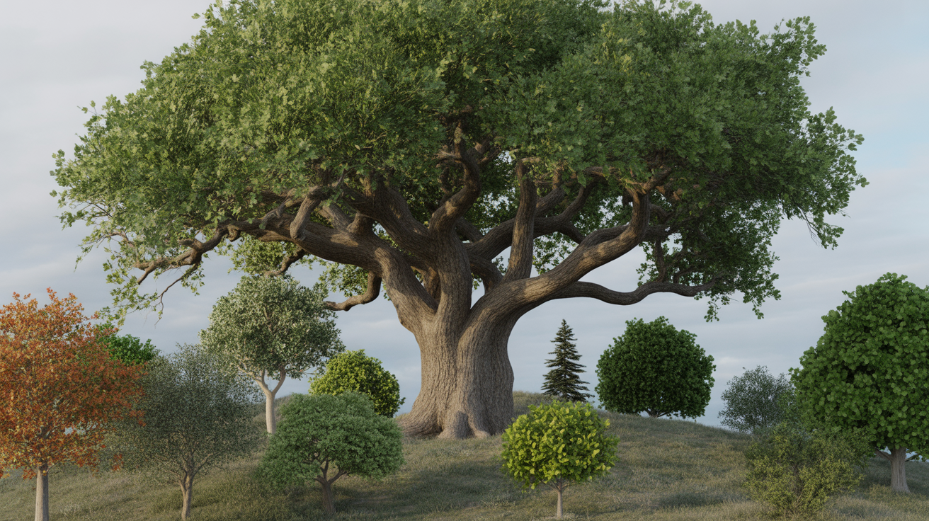 Oak tree leading a diverse forest community representing hybrid consultant-team approach