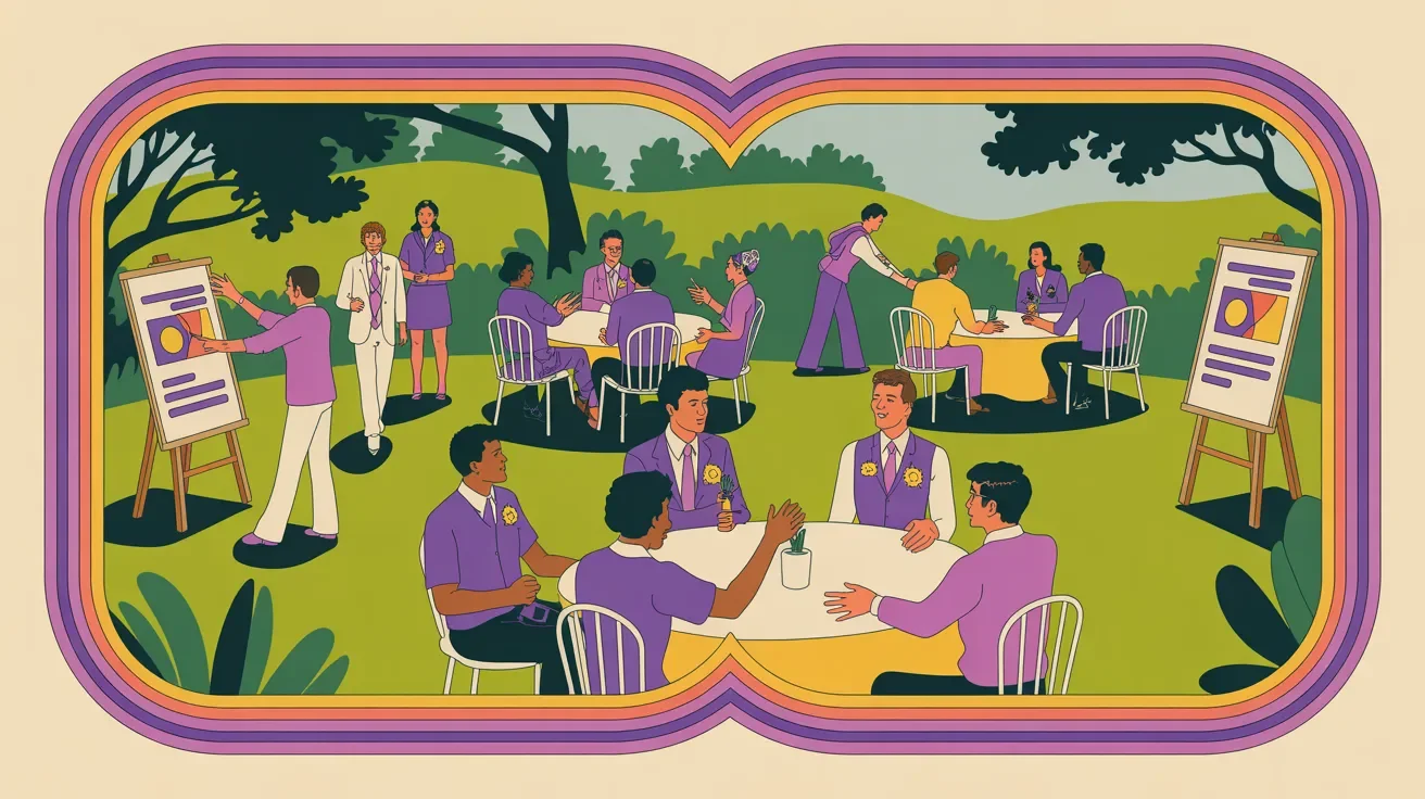 Retro illustration of successful intimate nonprofit fundraiser with engaged donors and clear mission focus