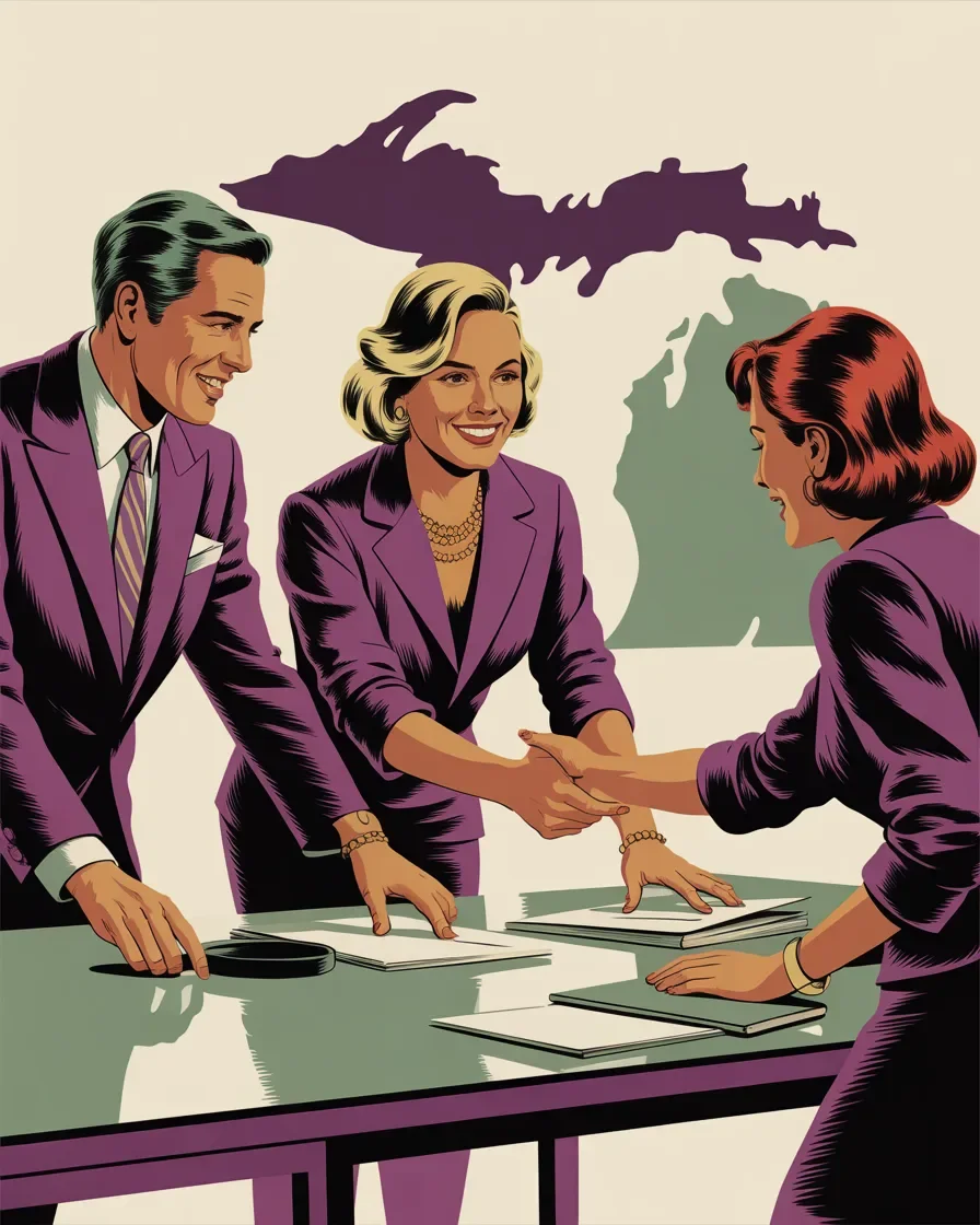 Retro illustration of confident diverse marketing team working directly with clients showing hands-on collaboration