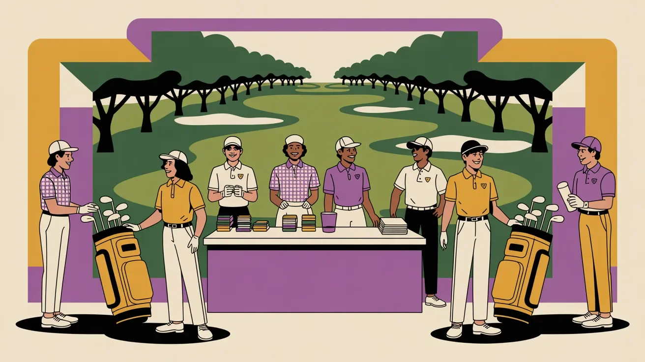 Retro illustration of organized golf outing registration with diverse volunteers and players checking in
