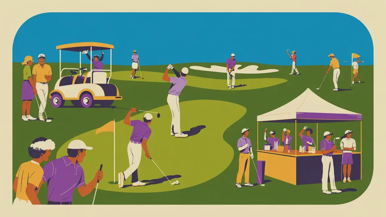 Retro illustration of players enjoying on-course golf outing experience with beverage cart and contests