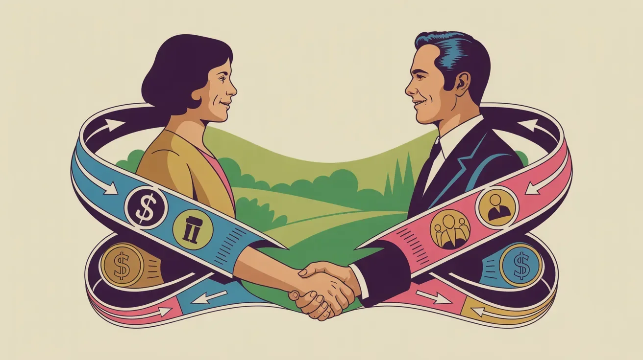 Retro illustration of nonprofit and corporate sponsor partnership handshake with mutual benefits flowing