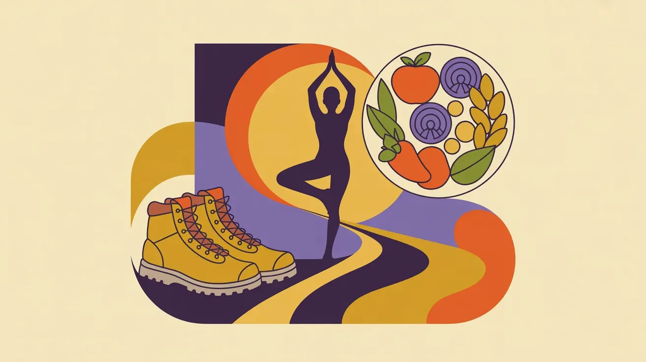 Retro illustration of corporate wellness retreat activities including yoga, hiking, and healthy dining