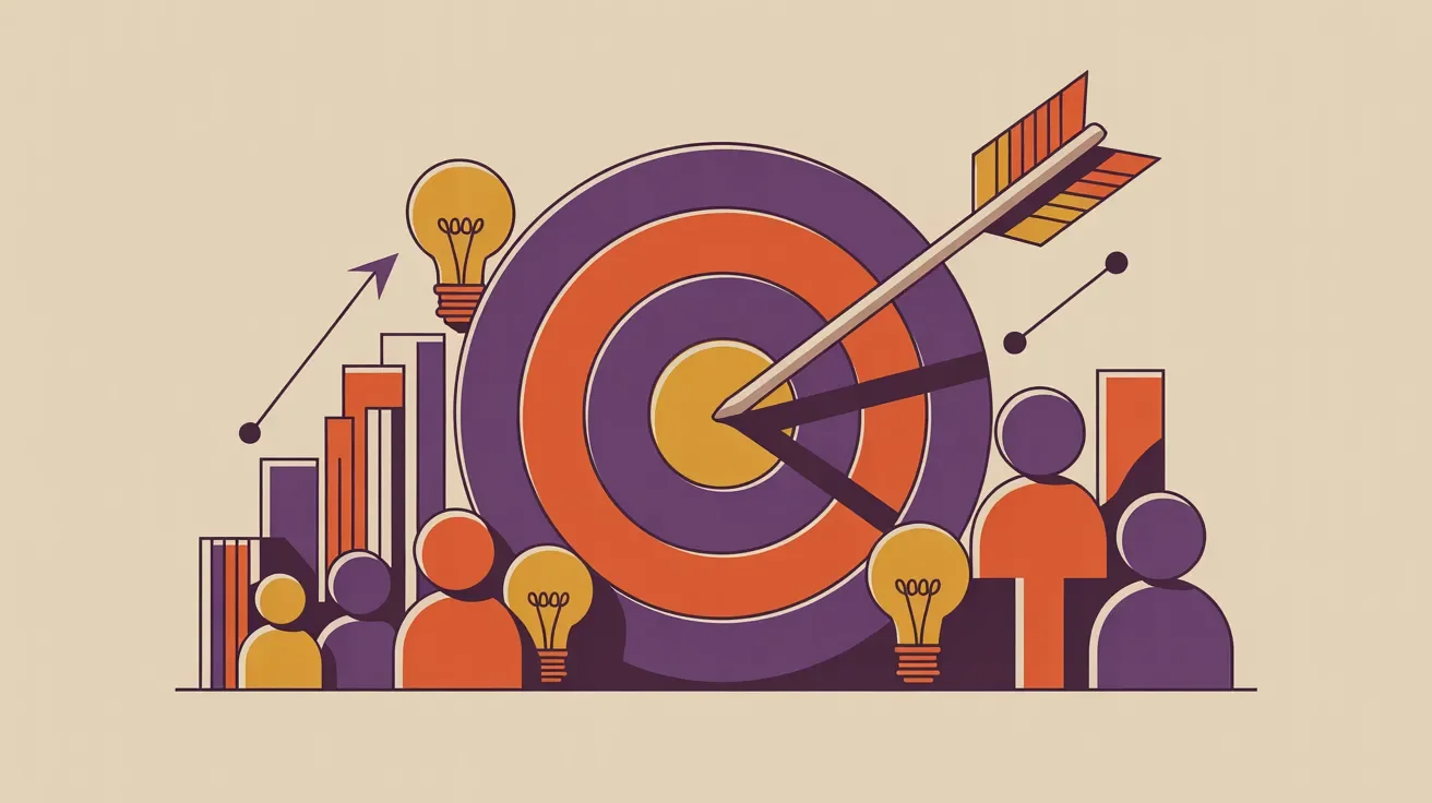 Retro illustration of goal-setting target with business planning elements for corporate retreat