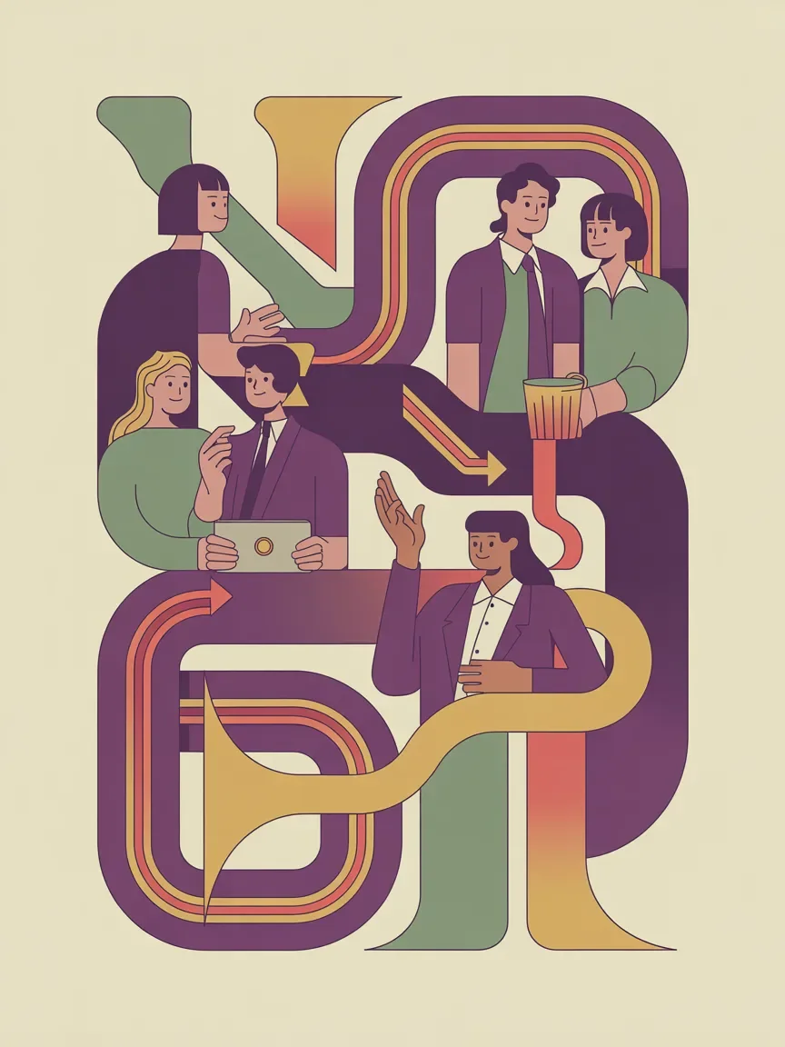 Retro illustration of confident diverse team integrating event planning and marketing seamlessly