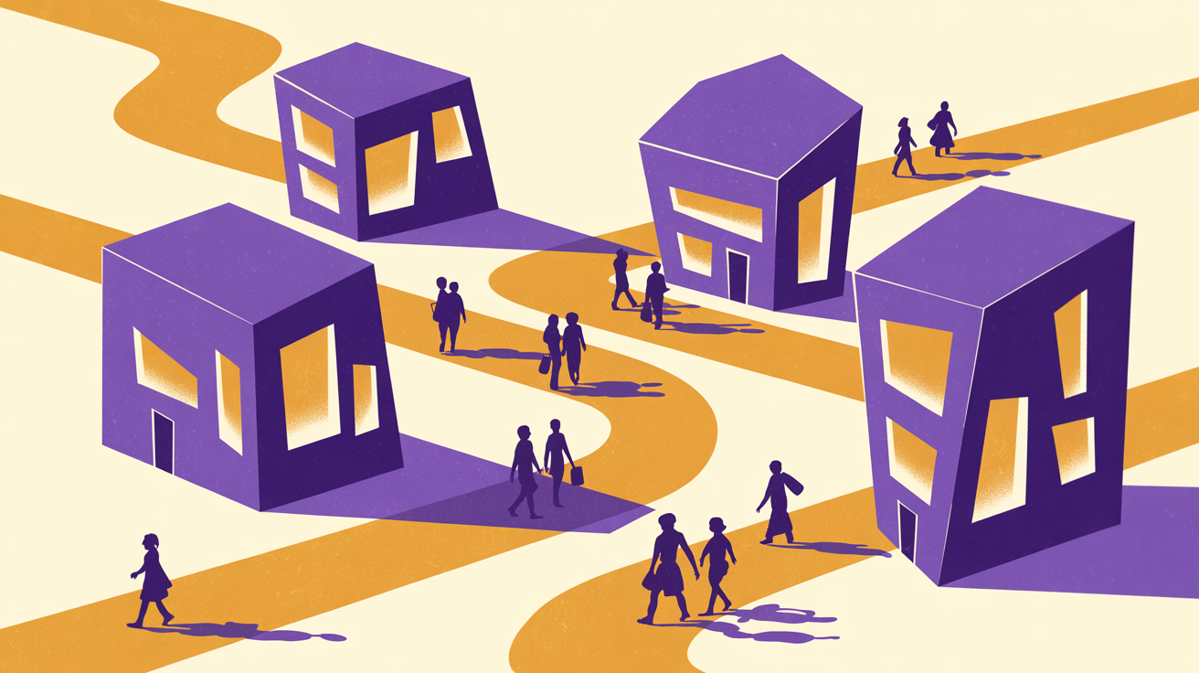 Retro illustration of a neighborhood with connected buildings and pathways representing local community volunteer outreach