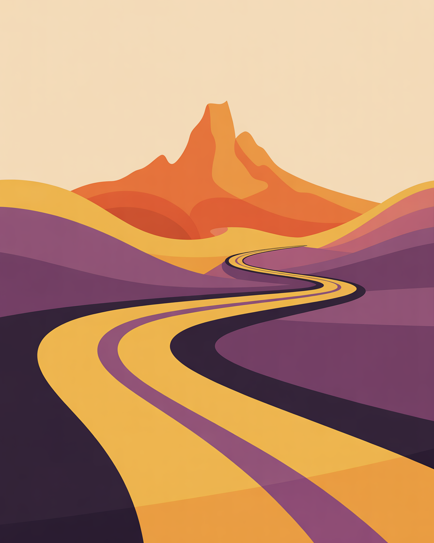 Retro winding road to horizon illustration representing long-term seo strategy