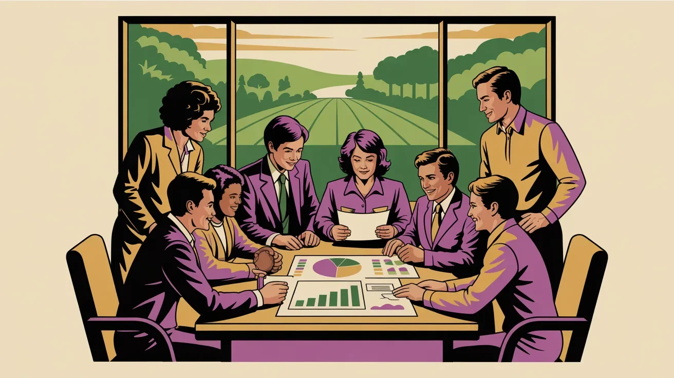 Retro illustration of nonprofit leadership reviewing meaningful event metrics including net revenue and ROI