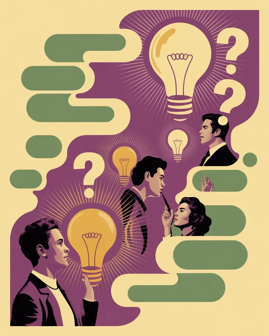 Retro illustration of marketing questions being answered with lightbulb moments and clarity
