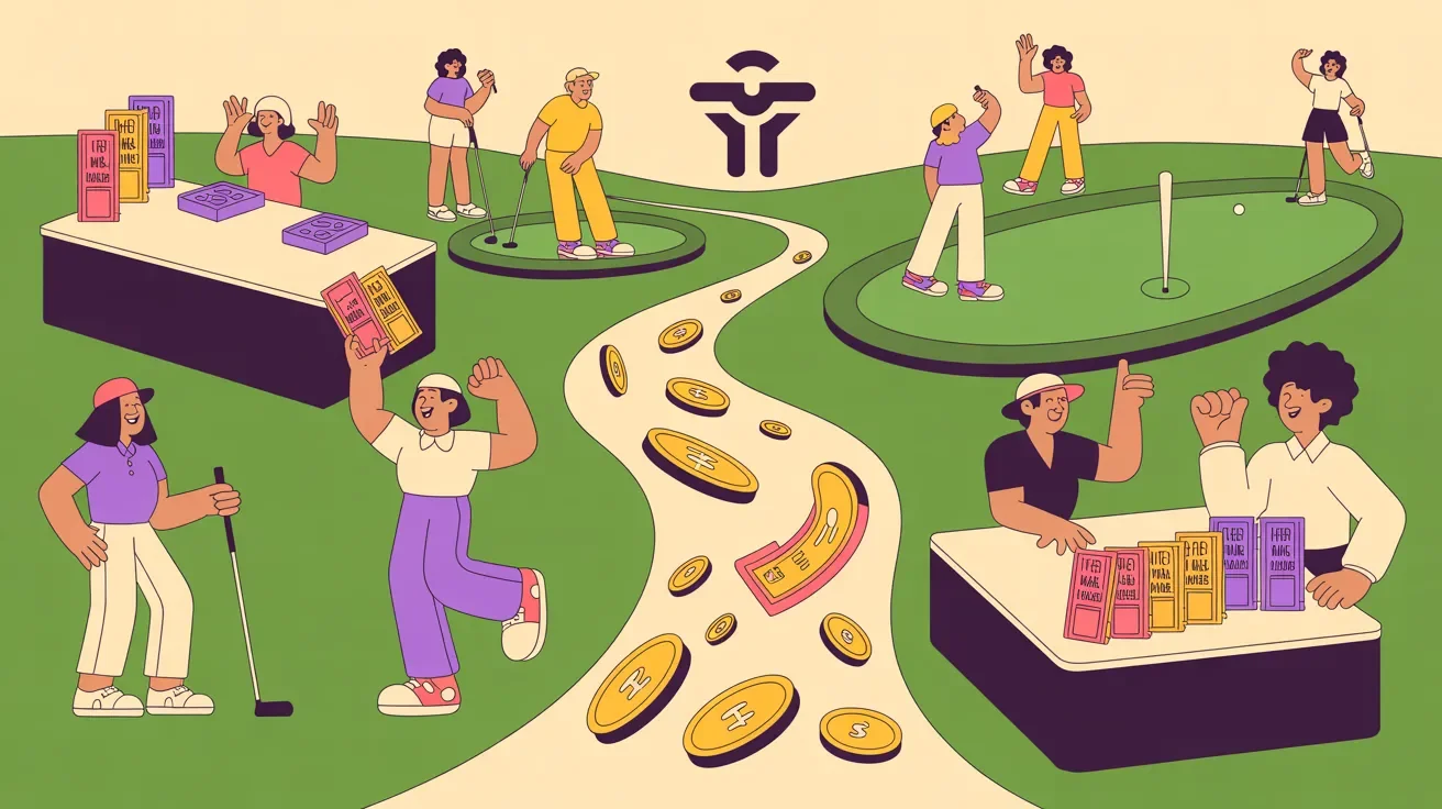 Retro illustration of on-course charity golf fundraising activities with mulligan sales, contests, and raffles