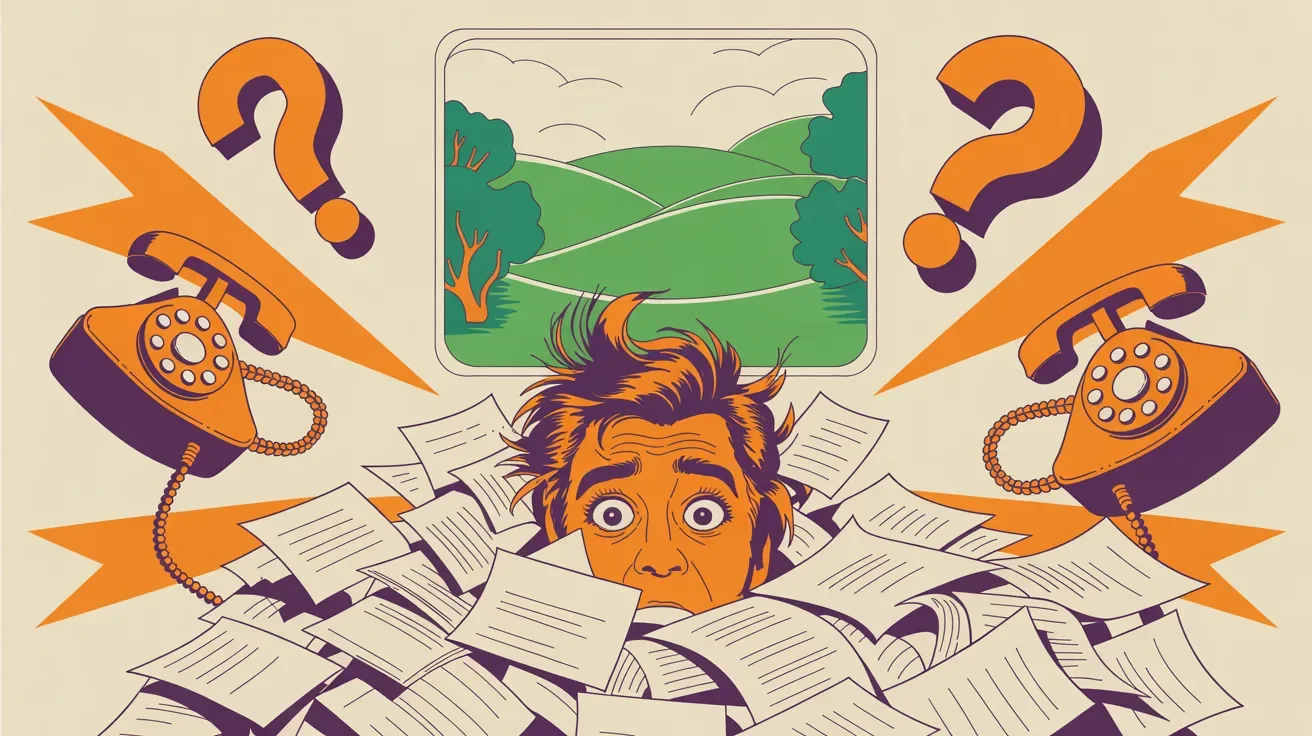 Retro illustration of overwhelmed person surrounded by retreat planning chaos