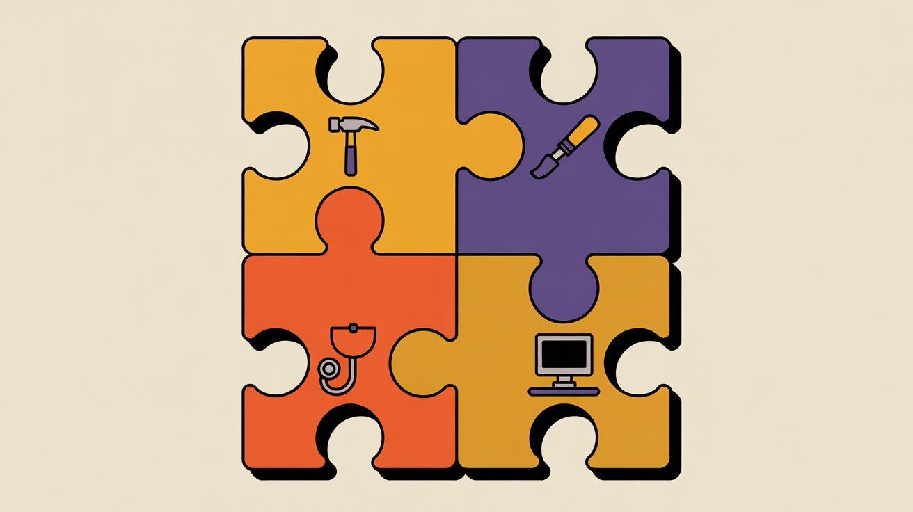 Retro illustration of different shaped puzzle pieces fitting together representing clear volunteer role definitions