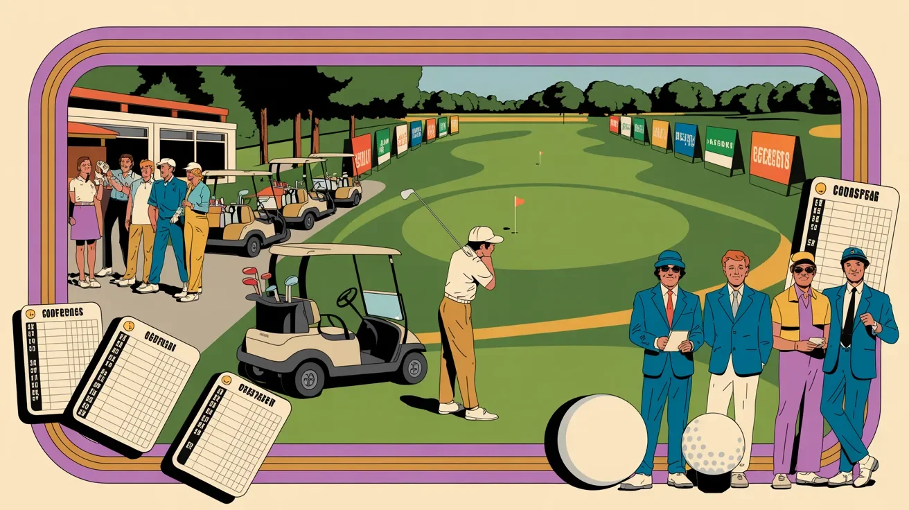 Retro illustration of golf outing sponsorship elements including hole signs, banners, and logo placements
