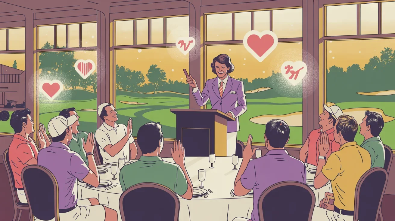 Retro illustration of emotional mission moment at charity golf tournament awards dinner with diverse attendees