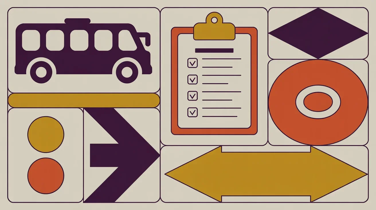 Retro illustration of corporate retreat logistics including transportation, checklist, and badges