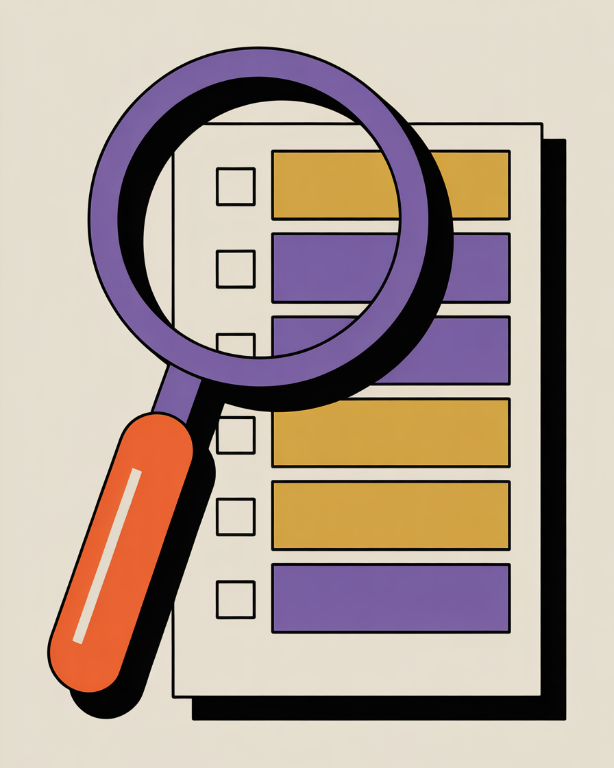 Retro magnifying glass and checklist illustration representing seo audit and discovery process