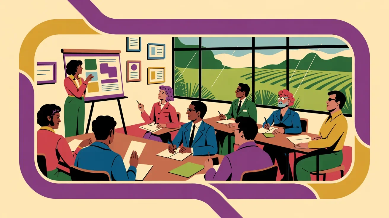 Retro illustration of diverse association members in professional development workshop gaining skills