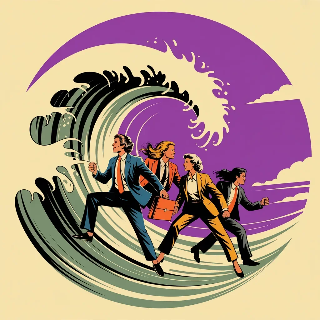 Retro illustration of momentum and action with stylized wave and professionals riding success