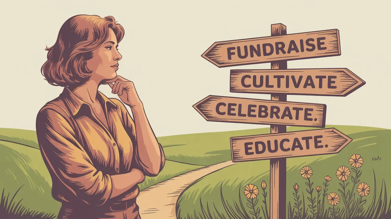 Retro illustration of nonprofit leader at crossroads deciding event purpose with directional signposts