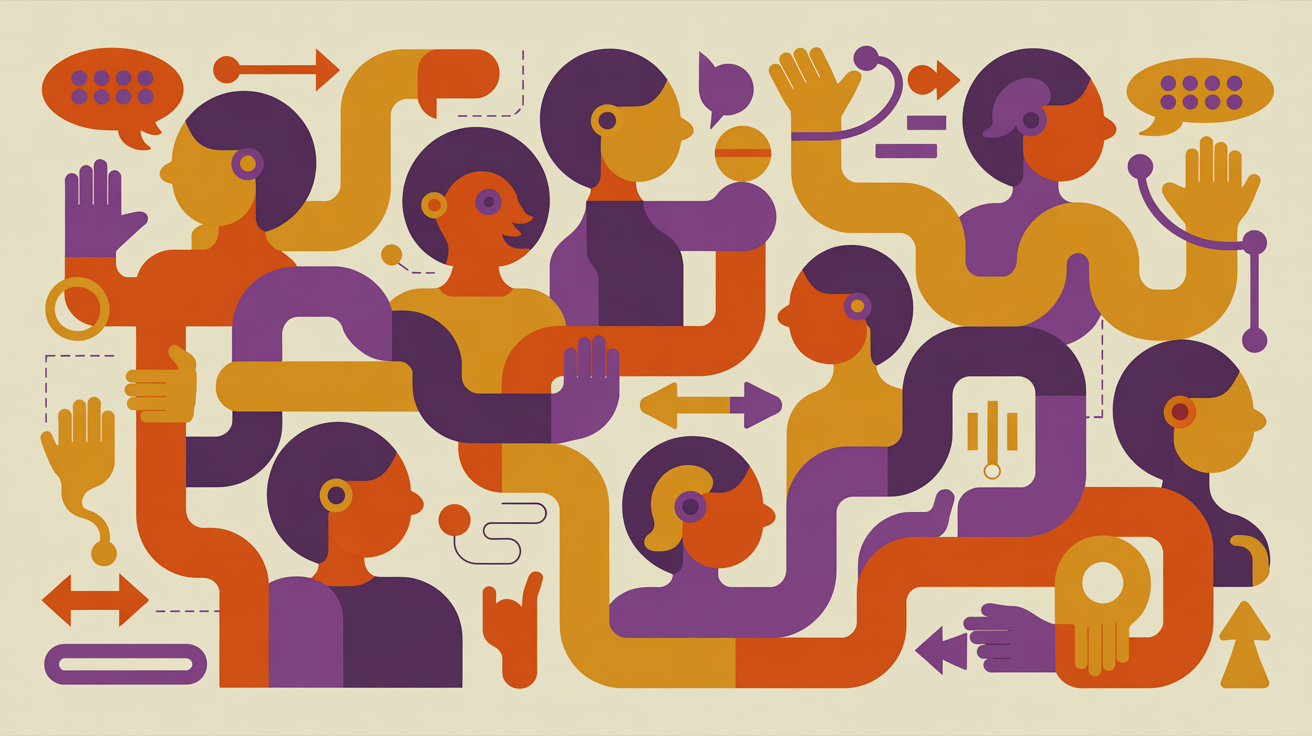 Retro illustration of interconnected members in an active community representing member engagement