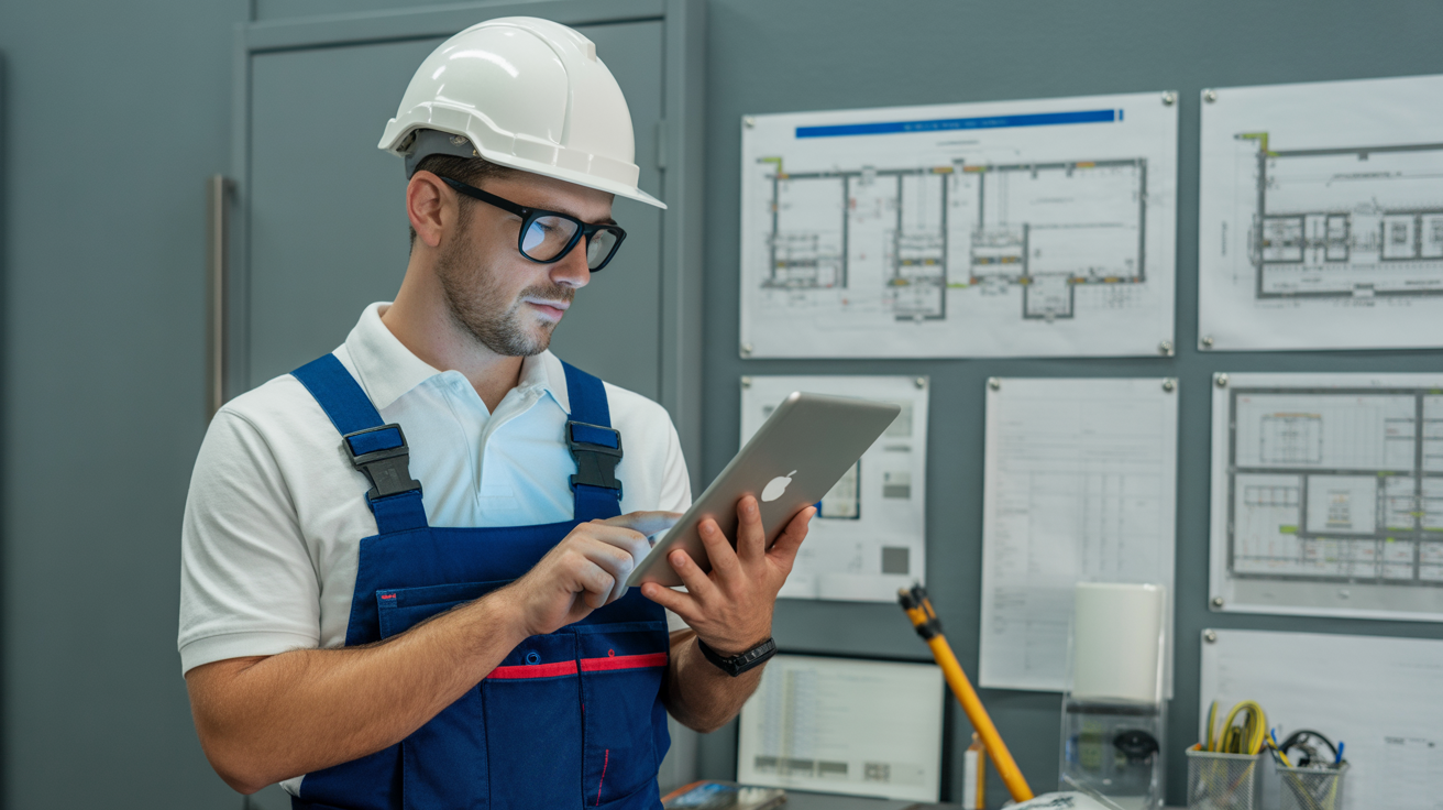 Electrician reviewing professional website optimized for electrical contractor services showing mobile responsiveness and professional digital presence