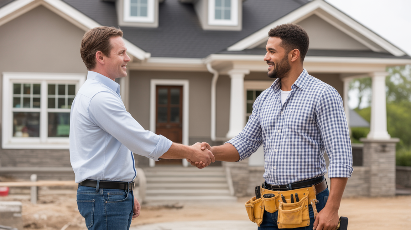 Satisfied customer with construction crew after successful project completion representing positive review generation and reputation management