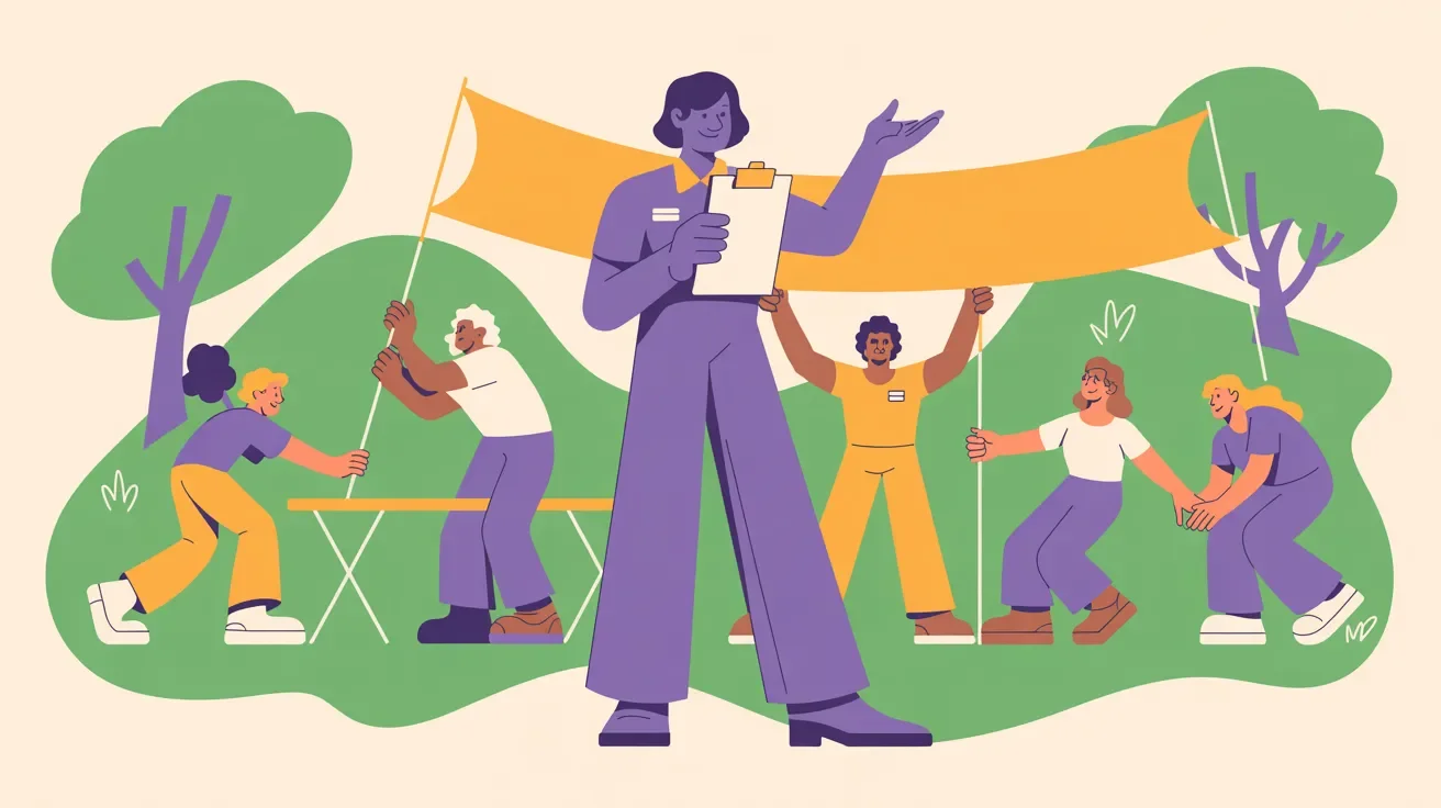 Retro illustration of nonprofit staff member coordinating with diverse enthusiastic volunteers at event setup