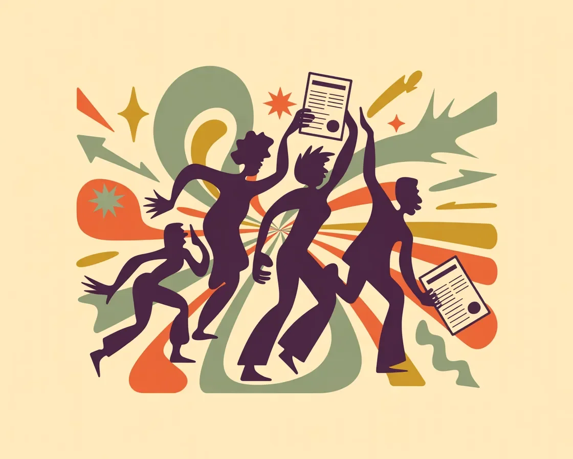 Retro illustration of event promotion driving registration with diverse audience responding