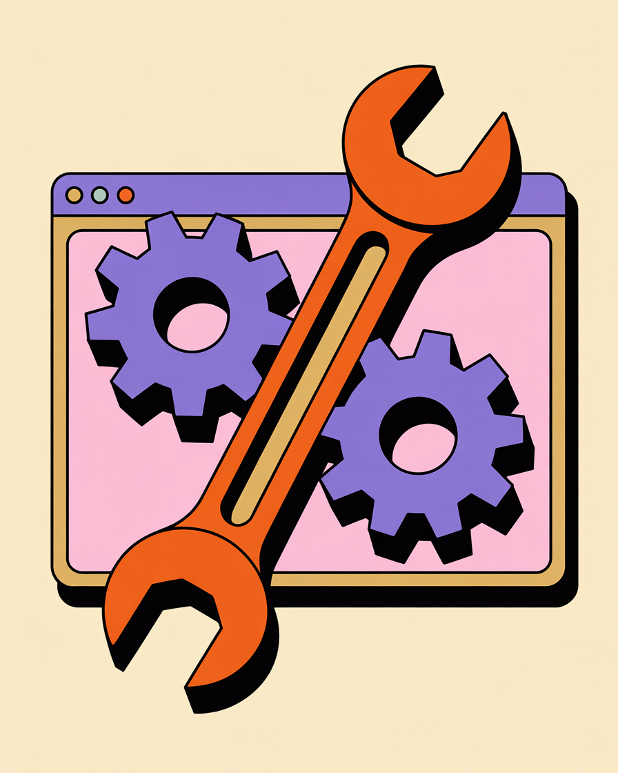 Retro gears and wrench in browser illustration representing technical seo services
