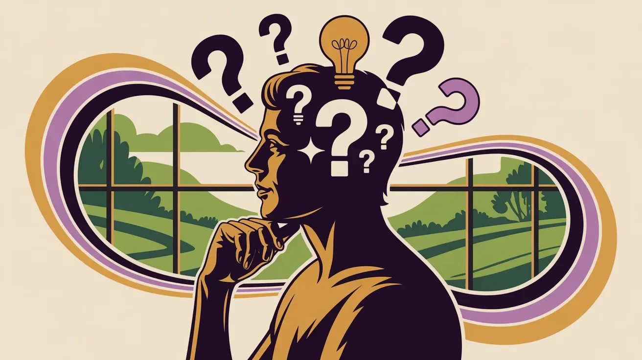 Retro illustration of thoughtful person weighing corporate retreat planning decision