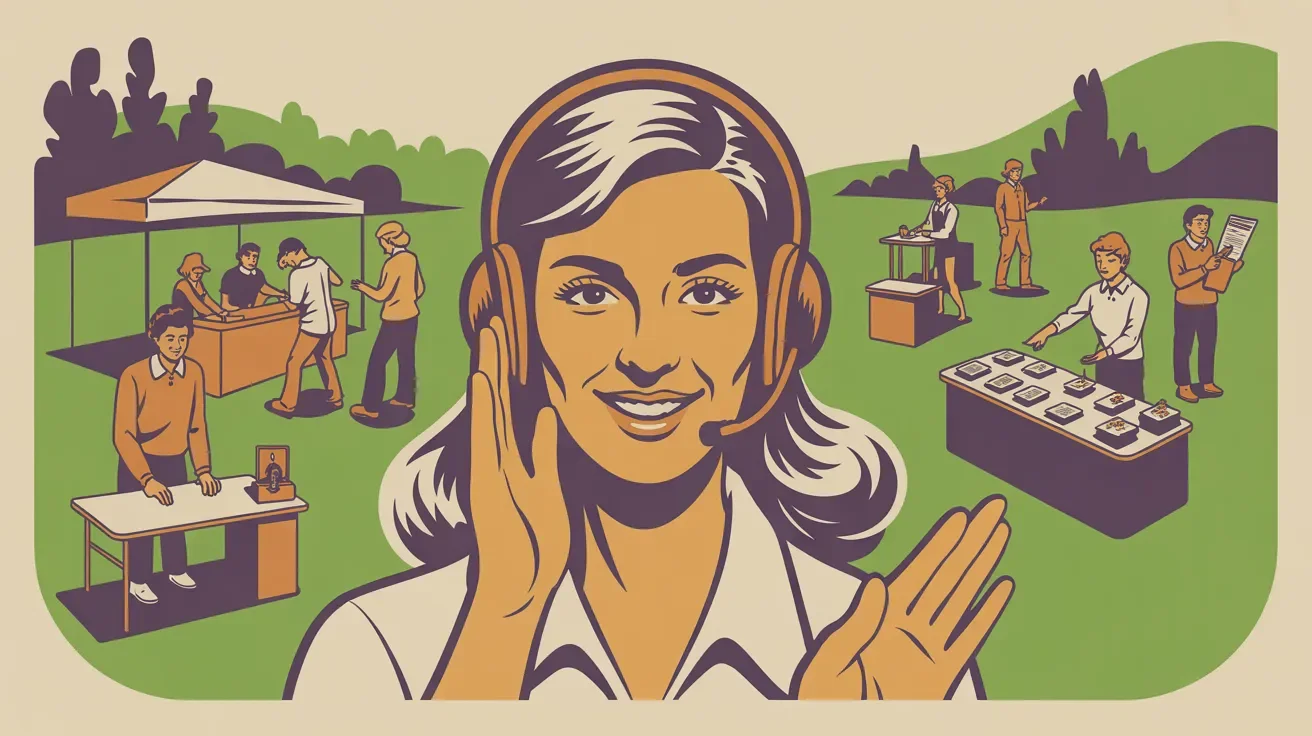 Retro illustration of calm nonprofit event coordinator managing smooth day-of execution with diverse team