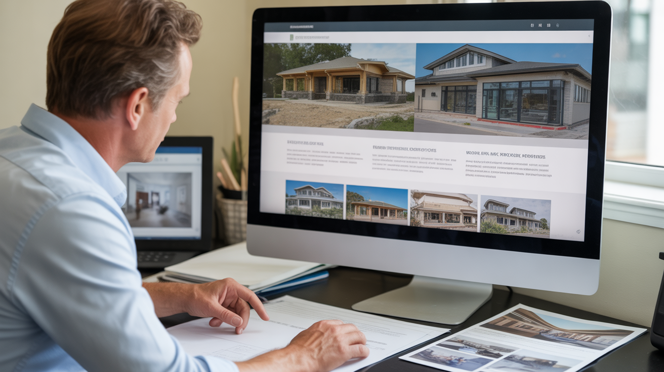Contractor and designer reviewing professional project portfolio website showing effective presentation of construction work and customer testimonials