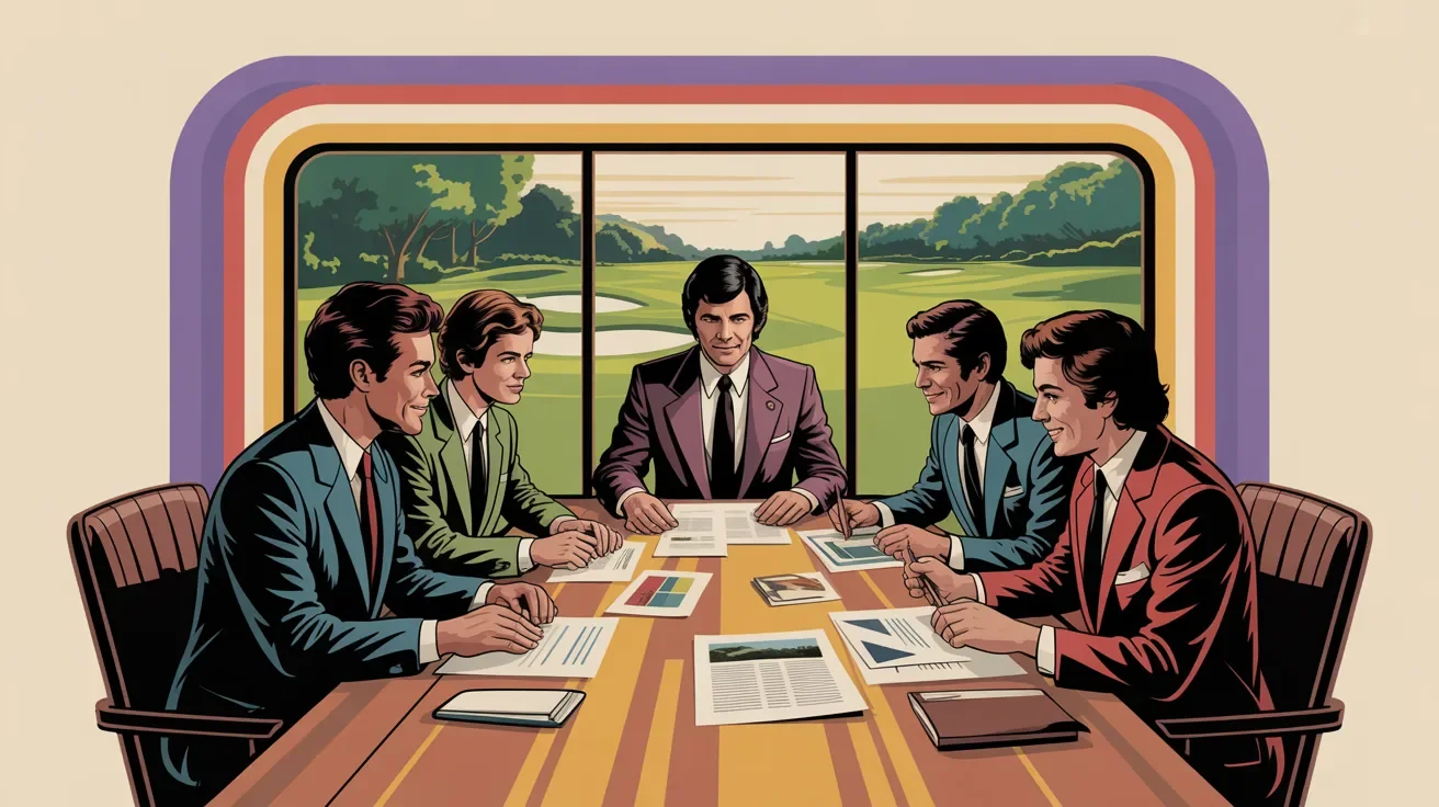 Retro illustration of corporate team briefing before golf outing with guest profiles and relationship goals