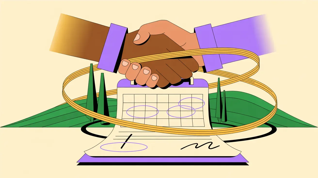 Retro illustration of board retreat accountability elements including commitments, calendar, and handshake