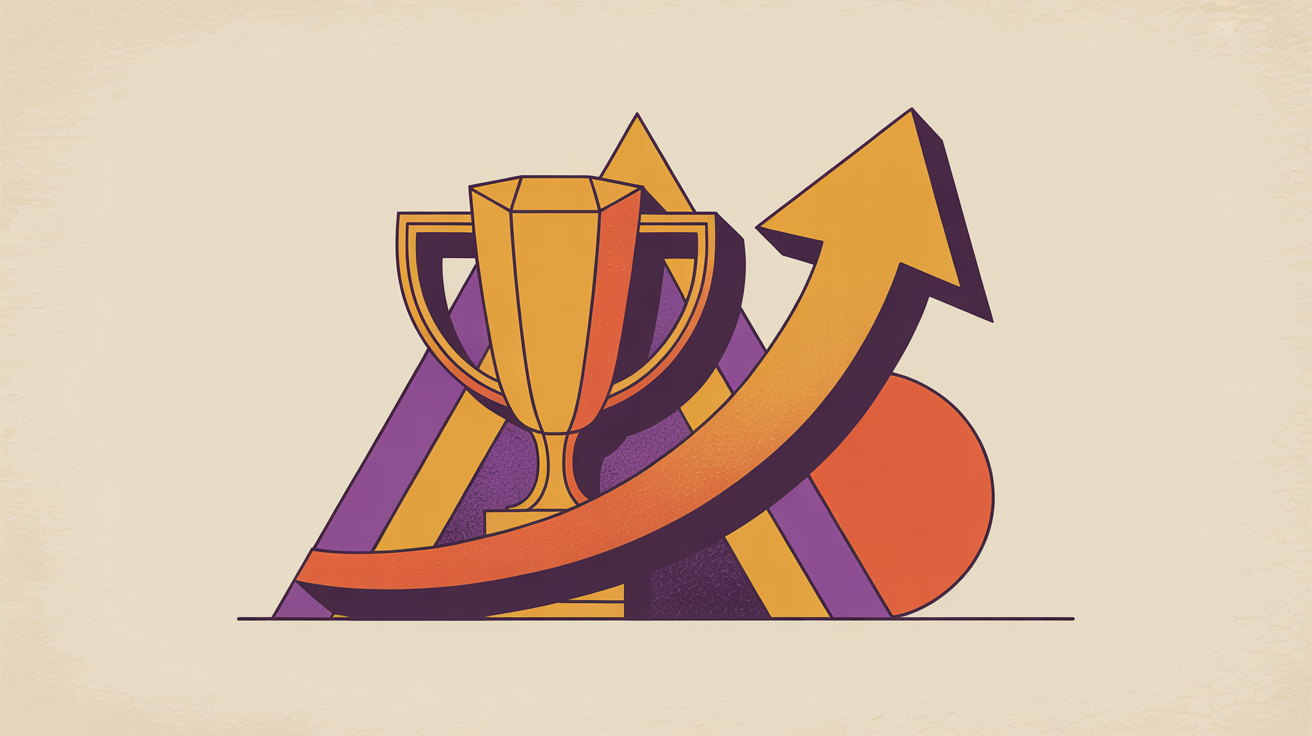 Retro illustration of a trophy with an upward arrow representing successful sponsor retention and partnership growth