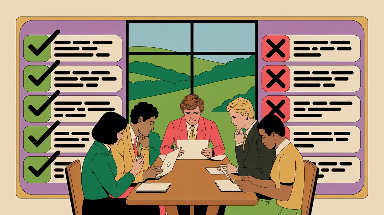 Retro illustration of nonprofit hiring committee evaluating event planner with quality checklist visible