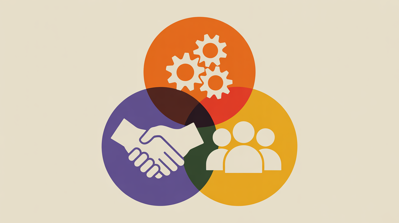 Retro illustration of three connected circles representing the association, partner, and member relationship in an affinity program