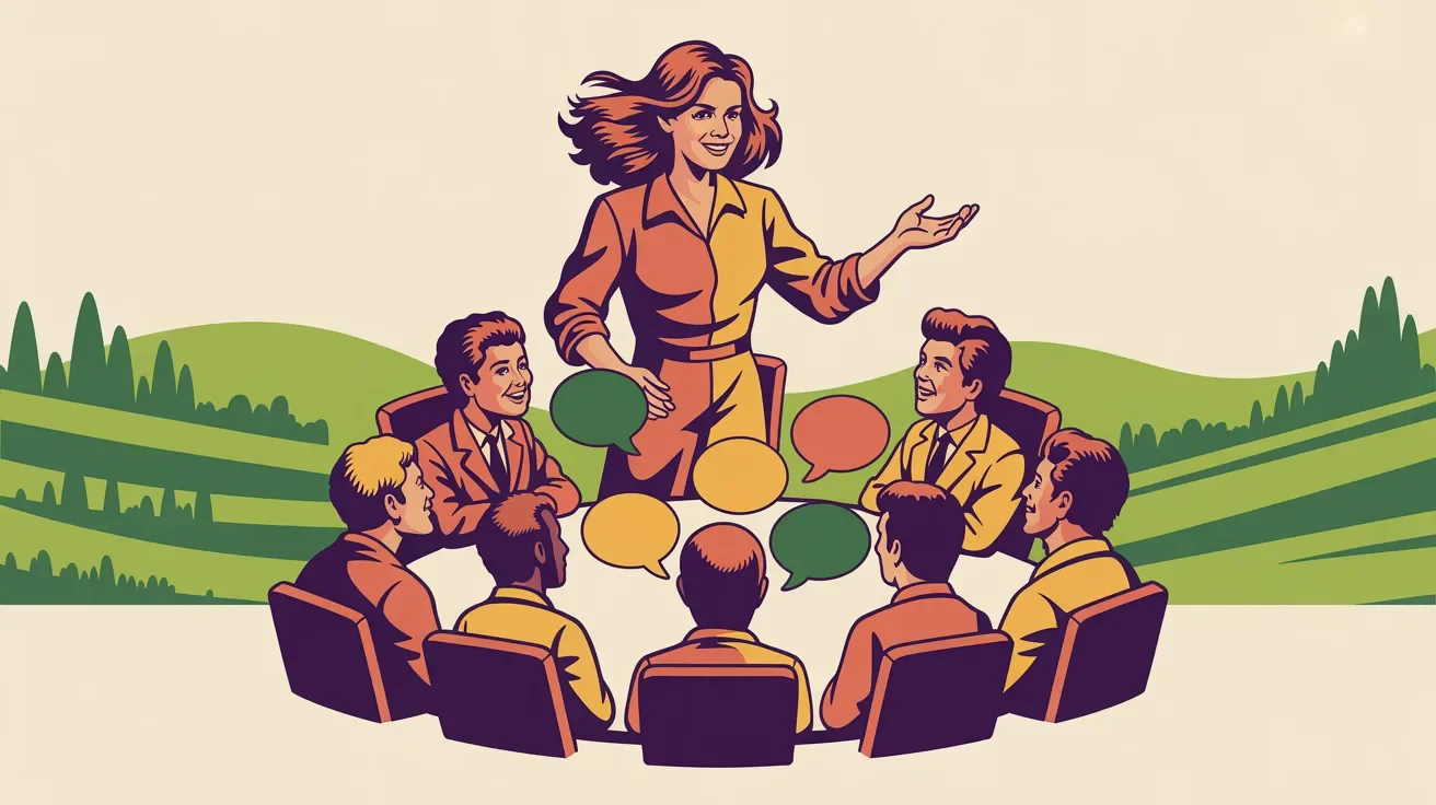 Retro illustration of facilitator guiding engaged association board discussion at retreat