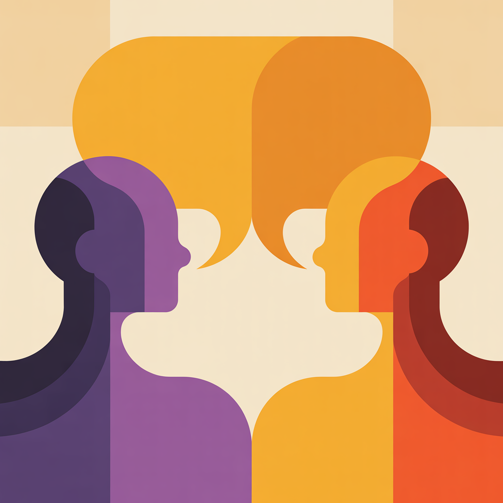 Retro two figures with speech bubble illustration representing relationship-focused email marketing