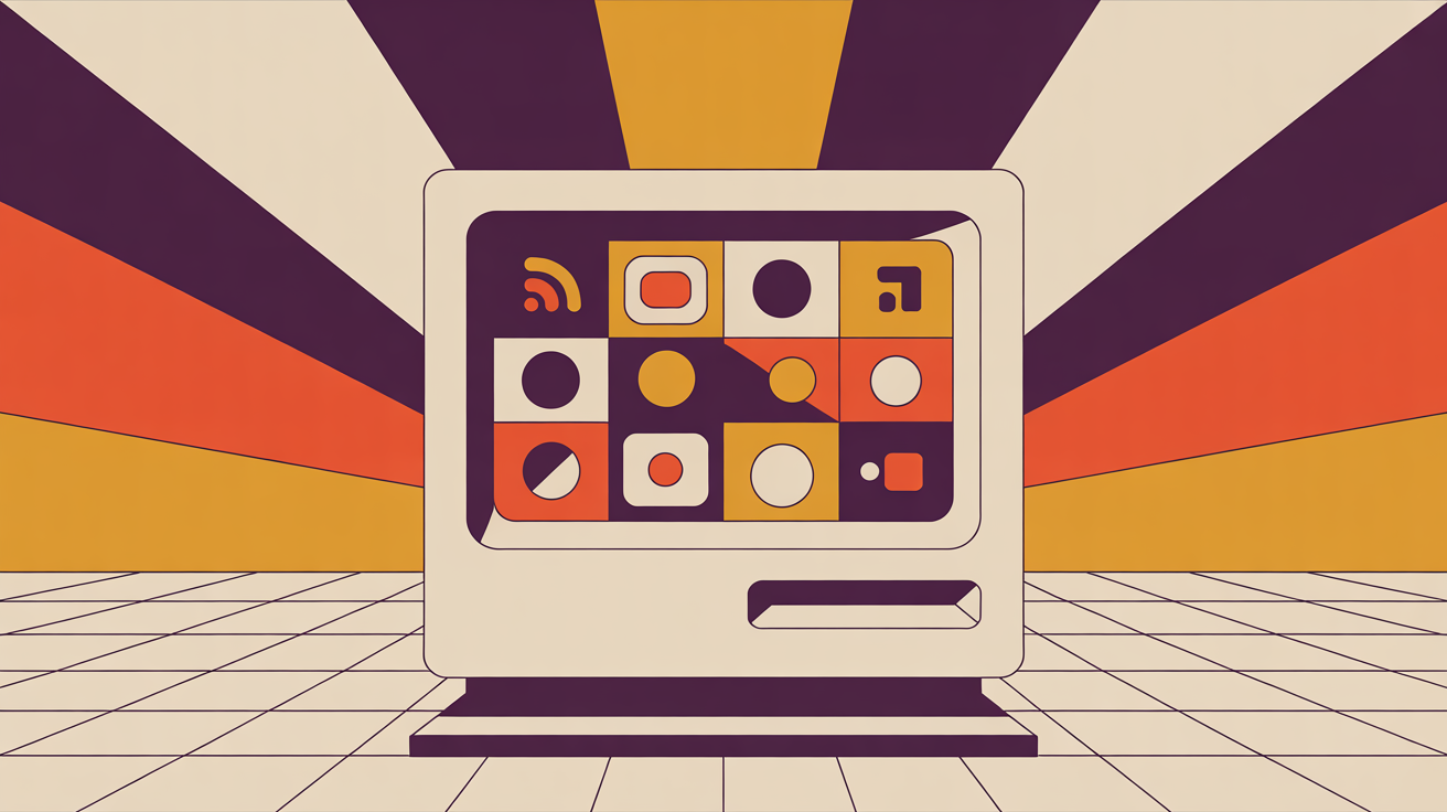 Retro illustration of a computer screen with social icons and connection lines representing digital volunteer recruitment