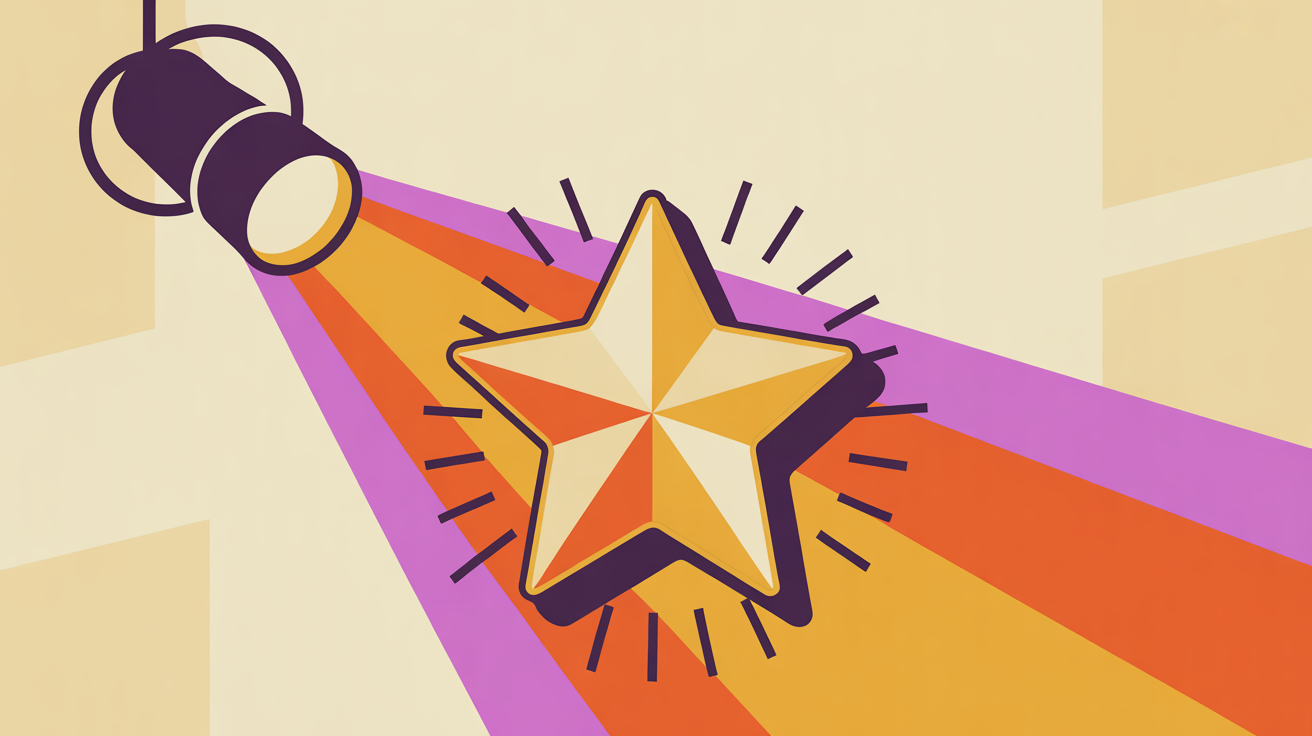 Retro illustration of a spotlight on a star badge representing member recognition and achievement celebration