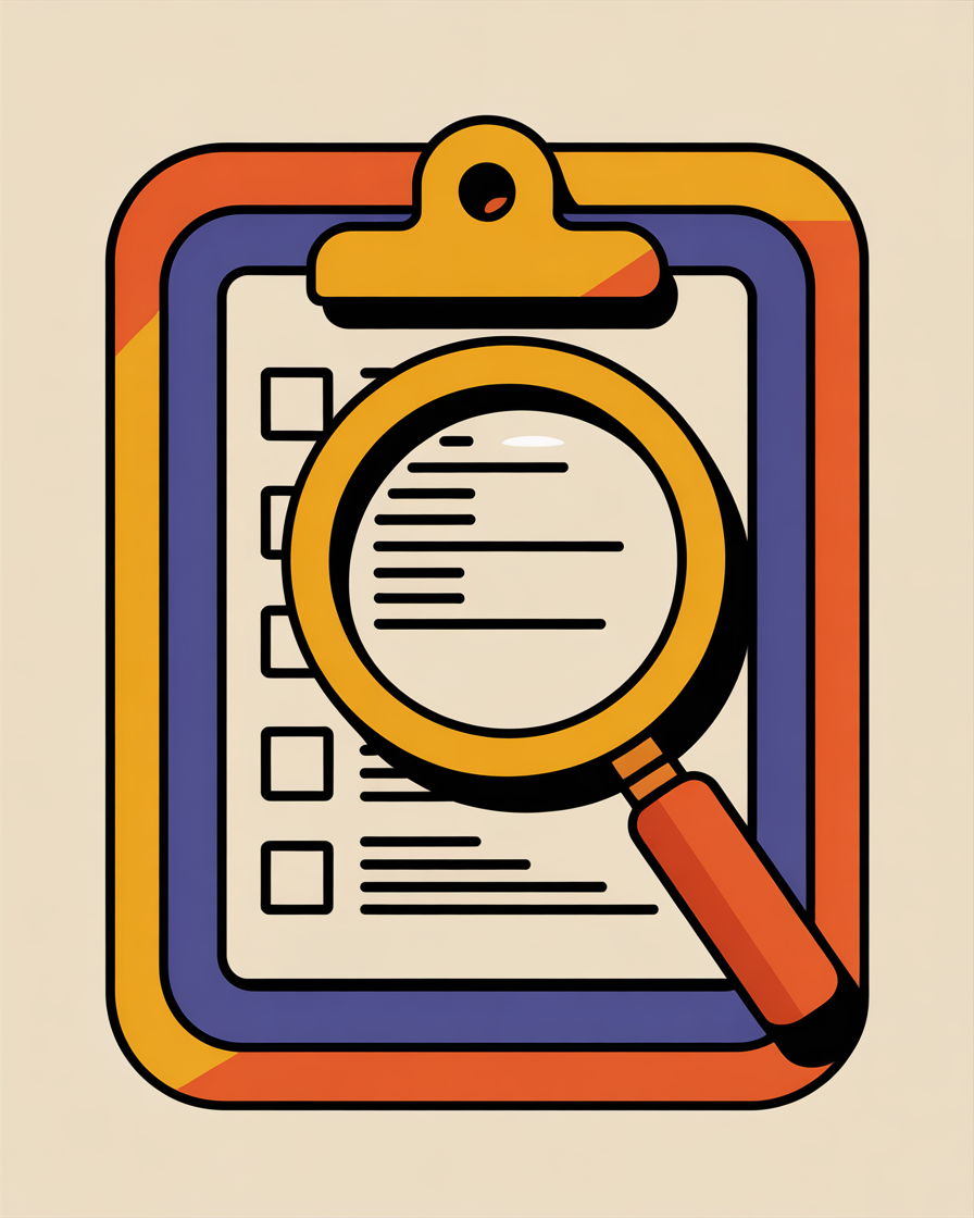 Retro clipboard with magnifying glass illustration representing seo audit services