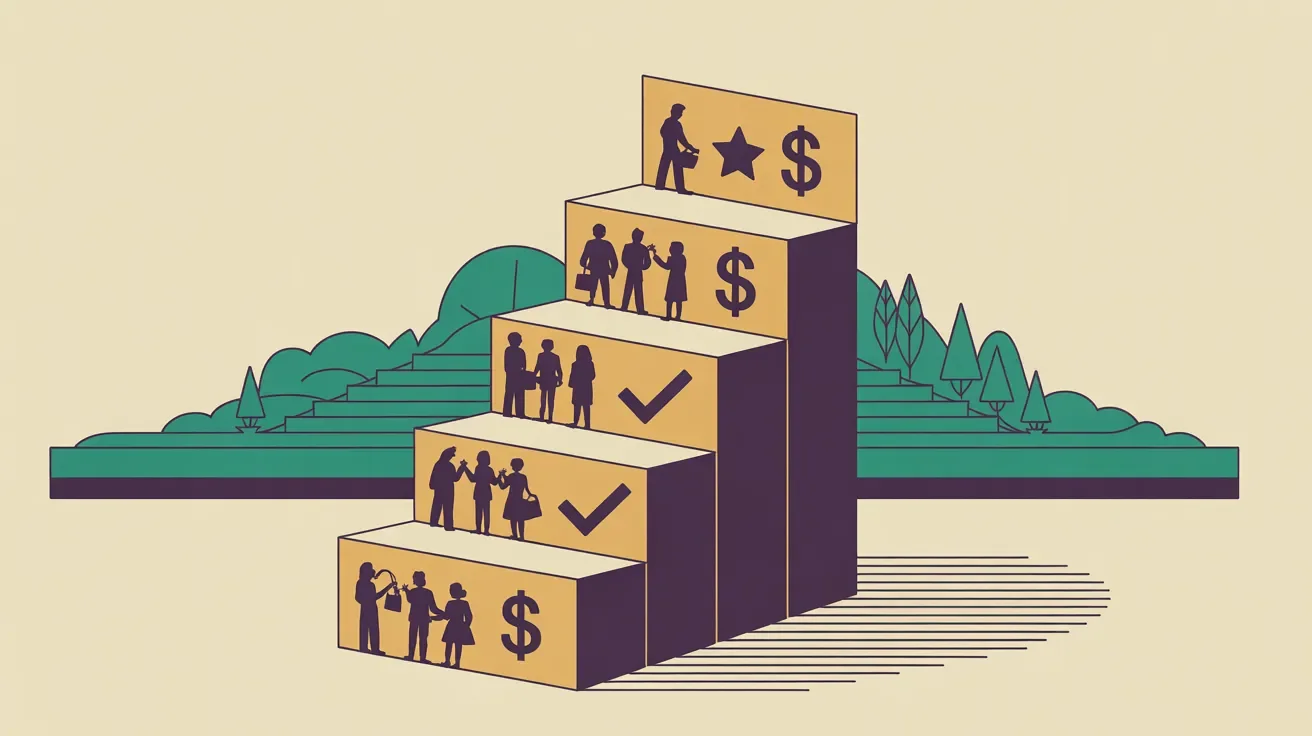 Retro illustration of tiered charity event ticket pricing structure with diverse buyers at each level
